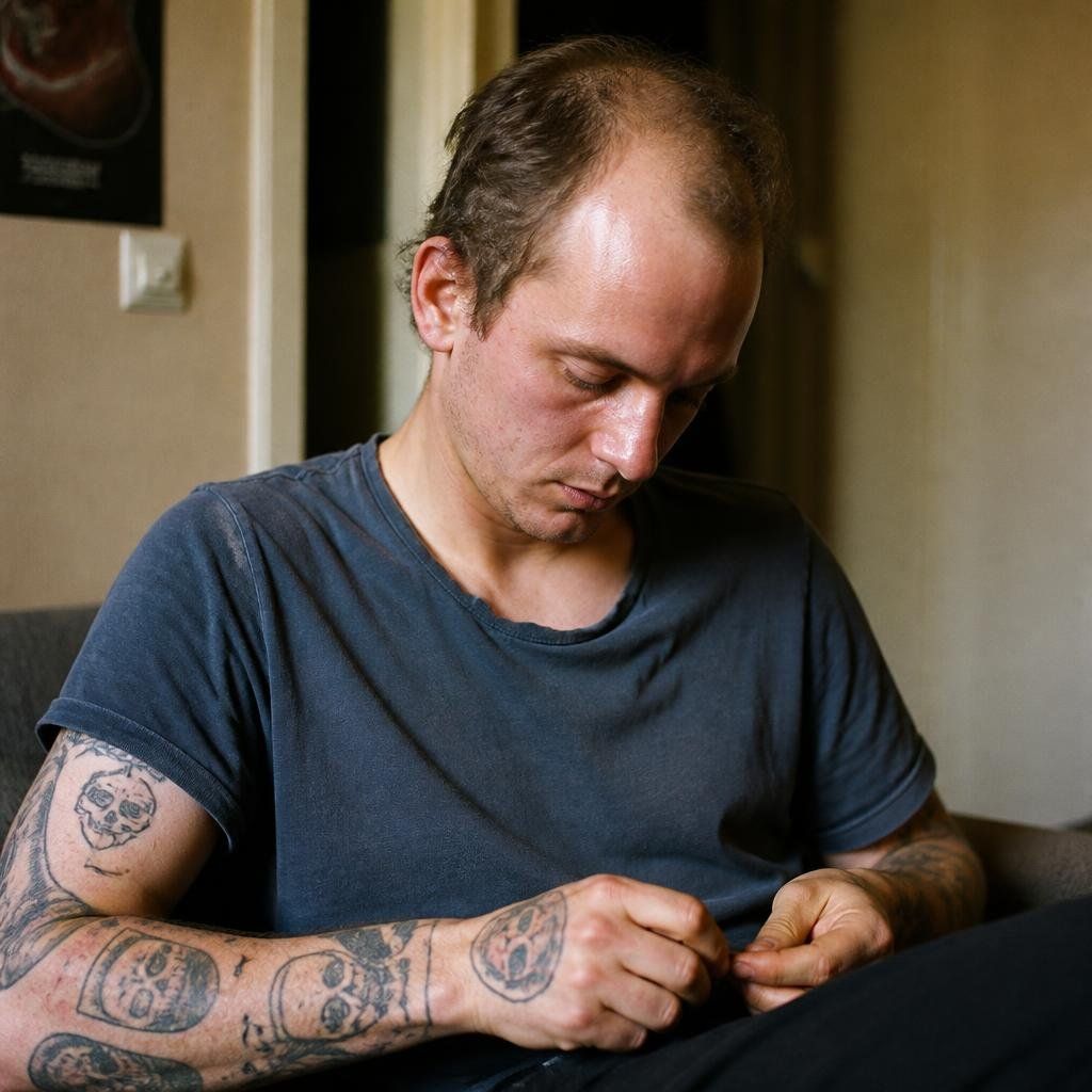 Man omkring 25 år med tunt hår och tatuerade armar som tittar ner, försjunken i tankar
